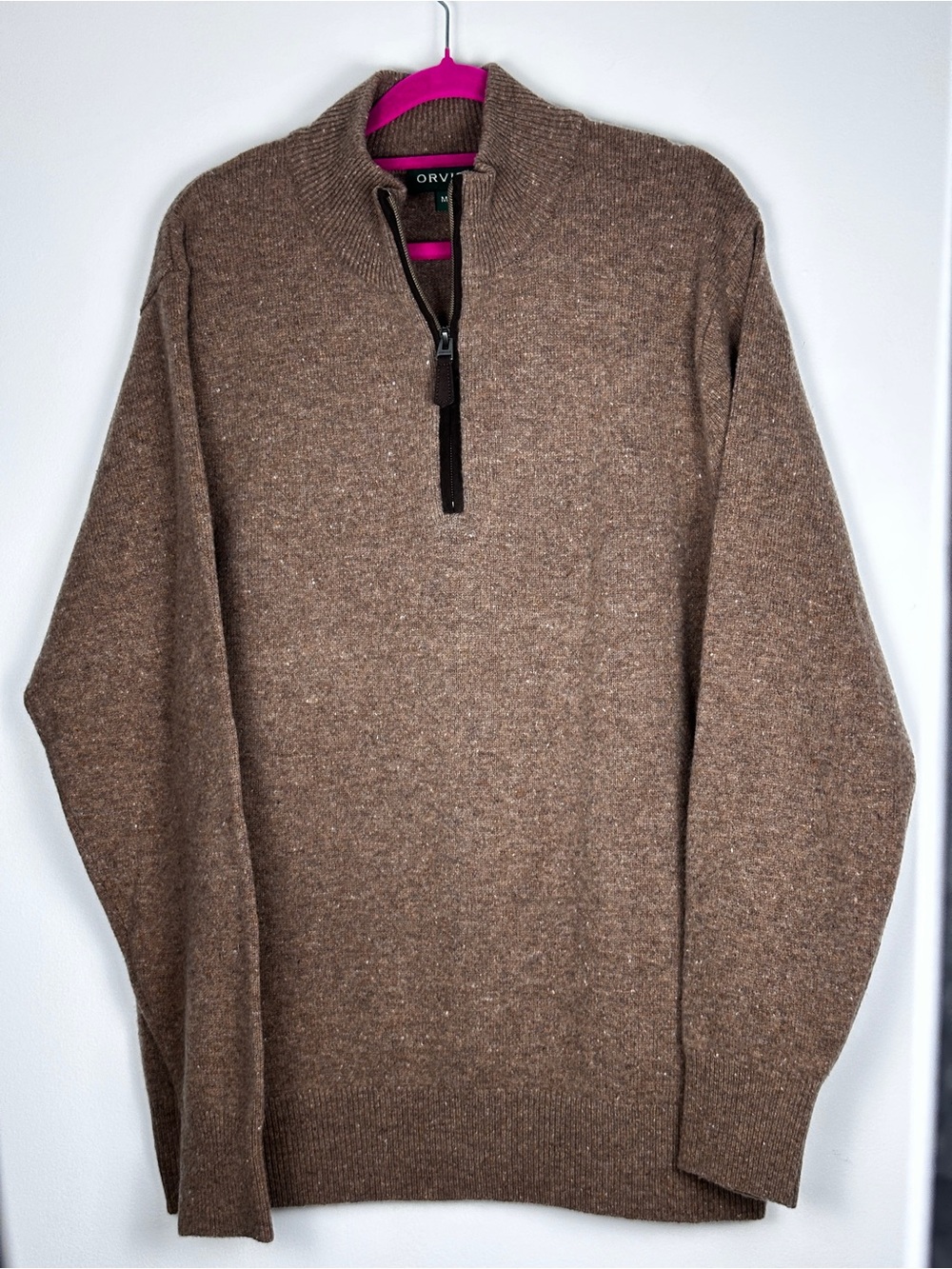 Orvis Mens M 100% Wool Donegal Fleck Quarter Zip Sweater Brown